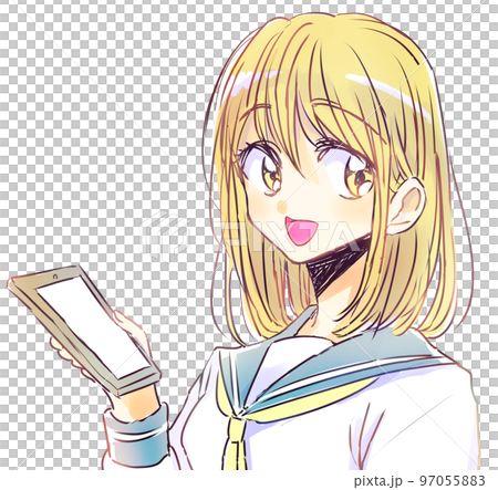 スマホを持つゆるい女子学生 金髪 笑顔 スマホを持つゆるい女子学生 金髪 笑顔 97055883