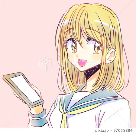 スマホを持つゆるい女子学生　金髪　笑顔 97055884