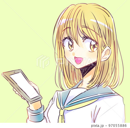 スマホを持つゆるい女子学生　金髪　笑顔 97055886