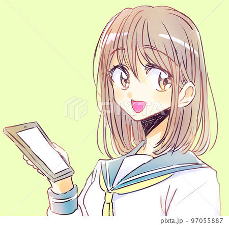 スマホを持つゆるい女子学生 茶髪 笑顔 スマホを持つゆるい女子学生 茶髪 笑顔 97055887