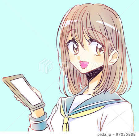 スマホを持つゆるい女子学生 茶髪 笑顔 スマホを持つゆるい女子学生 茶髪 笑顔 97055888