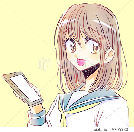 スマホを持つゆるい女子学生 茶髪 笑顔 スマホを持つゆるい女子学生 茶髪 笑顔 97055889