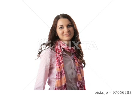 brown haired woman wiith scarf in white screen 97056282