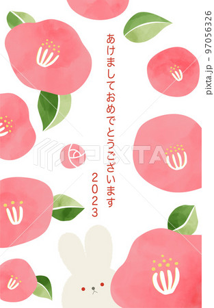 2023年のうさぎと椿の花の年賀状。水彩画のベクターイラスト。 97056326