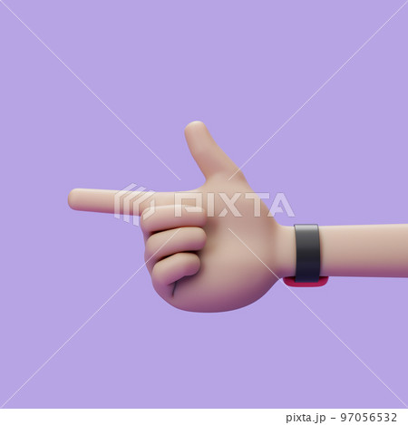 Cartoon hand finger point to over violet background. Simple 3d render illustration. Cartoon hand finger point to over violet background. Simple 3d render illustration. 97056532