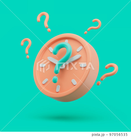 Circle clock icon with question symbols. Simple 3d render illustration on vibrant background. 97056535