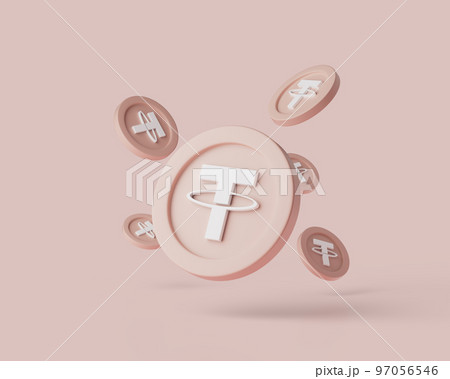 Cryptocurrency Thether coins levitate on pastel background. 3d render illustration with soft lights. Cryptocurrency Thether coins levitate on pastel background. 3d render illustration with soft lights. 97056546
