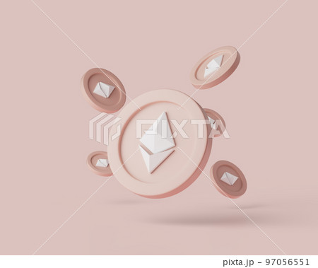 Cryptocurrency Ethereum coins levitate on pastel background. 3d render illustration with soft lights. Cryptocurrency Ethereum coins levitate on pastel background. 3d render illustration with soft lights. 97056551