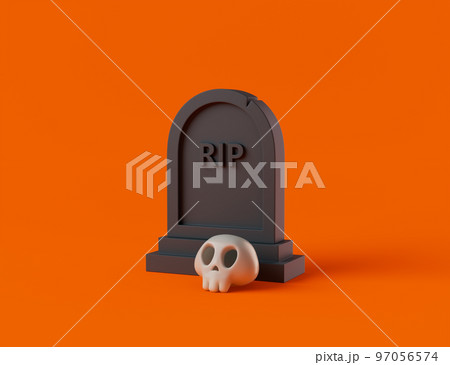 Simple halloween tombstone with skull 3d render illustration. Isolated object on dark background 97056574