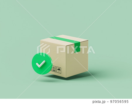 Simple cartoon delivery box with green check mark 3d render illustration. 97056595