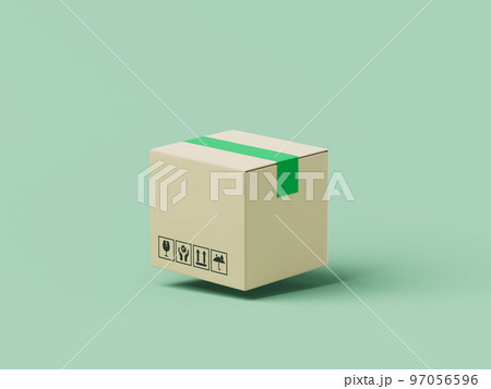 Simple cartoon cardboard delivery box with adhesive tape 3d render illustration. 97056596