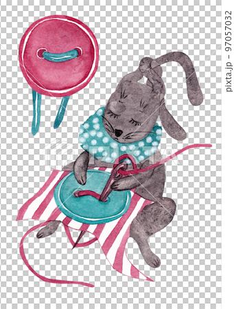 Cartoon hare is doing needlework. Isolated watercolor illustration of a black rabbit sewing on a button. Ideal for decorating children's room and things Cartoon hare is doing needlework. Isolated watercolor illustration of a black rabbit sewing on a button. Ideal for decorating children's room and things 97057032