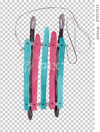 Sledge with multi-colored seat. Isolated watercolor illustration of winter sport item. Ideal for posters, postcards and embroidery Sledge with multi-colored seat. Isolated watercolor illustration of winter sport item. Ideal for posters, postcards and embroidery 97057033