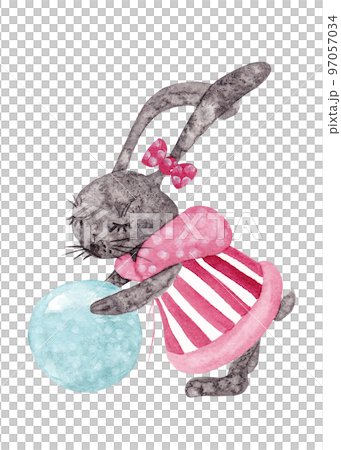 Cartoon hare sculpts kurush from snow. Isolated watercolor illustration of a black dressed-up rabbit playing. Ideal for decorating children's room and things Cartoon hare sculpts kurush from snow. Isolated watercolor illustration of a black dressed-up rabbit playing. Ideal for decorating children's room and things 97057034
