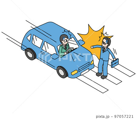 男性が運転する自動車と通勤中の会社員の男性の事故のアイソメイラスト 97057221