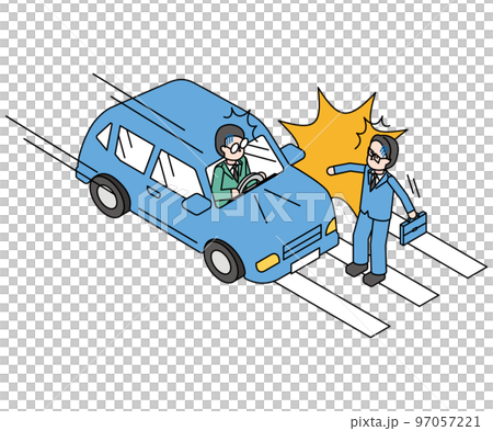 男性が運転する自動車と通勤中の会社員の男性の事故のアイソメイラスト 97057221