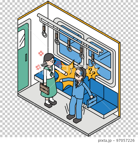 電車内での痴漢を疑われる通勤中の会社員の男性のアイソメイラスト 97057226