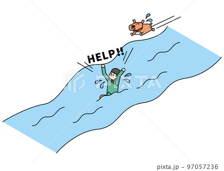 川に転落し助けを求める男の子のアイソメイラスト 97057236