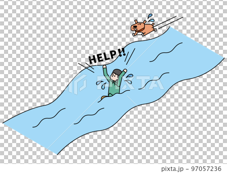 川に転落し助けを求める男の子のアイソメイラスト 97057236