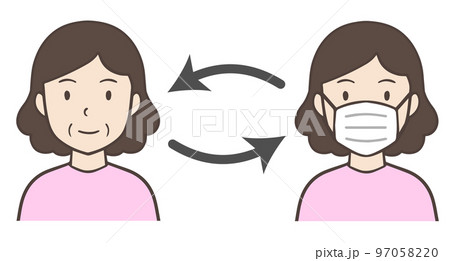 マスクを装着したり外したりする中年女性、おばさん 97058220