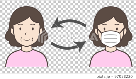 マスクを装着したり外したりする中年女性、おばさん 97058220