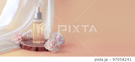Podium with mock up product presentation. Scene tree with roses shell and bottle Podium with mock up product presentation. Scene tree with roses shell and bottle 97058241