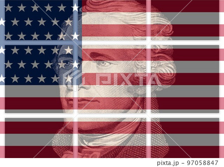 Portrait of U.S. president Alexander Hamilton with USA flag. 97058847