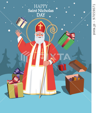 Feast of St. Nicholas, winter and gifts. Vector. 97059071