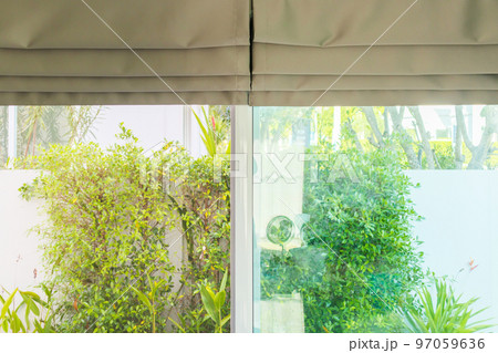 Roman blind curtain decoration in living room interior 97059636
