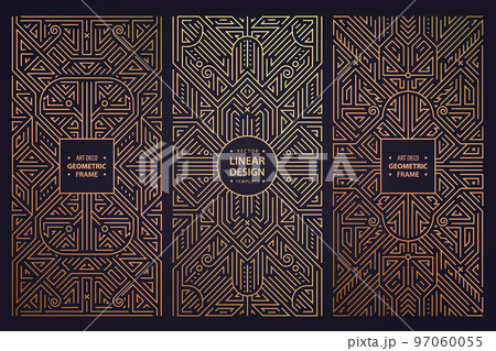 Vector set of art deco design elements, labels and frames for luxury products, golden linear fancy backagrounds, gatsby vintage style. Use for invitations, posters, prints, packaging 97060055