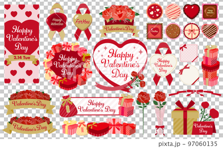 プレゼントやチョコレート・花をあしらったのバレンタインのハートリボンフレーム_ベクターセット素材_赤 97060135