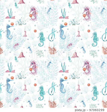 Watercolor underwater seamless pattern of seahorse, laminaria and coral. Underwater animals and plant isolated on white background. Aquatic illustration for design, print or background. 97060299