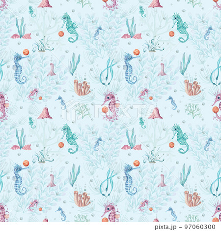 Watercolor underwater seamless pattern of seahorse, laminaria and coral. Underwater animals and plant isolated on white background. Aquatic illustration for design, print or background. Watercolor underwater seamless pattern of seahorse, laminaria and coral. Underwater animals and plant isolated on white background. Aquatic illustration for design, print or background. 97060300