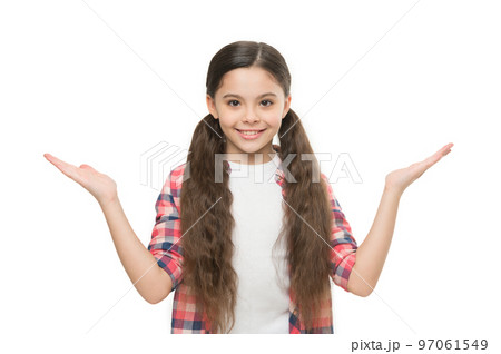 small girl isolated on white. kid wear checkered shirt and jeans. care about long hair health. pure beauty of young. portrait of happy child presenting products. little beauty casual style small girl isolated on white. kid wear checkered shirt and jeans. care about long hair health. pure beauty of young. portrait of happy child presenting products. little beauty casual style 97061549