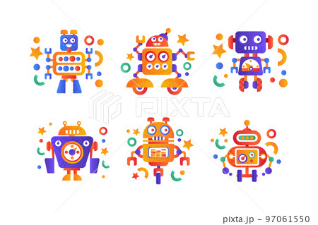 Modern Robot and Humanoid Bot with Face as Artificial Intelligence Flat Icon Vector Set Modern Robot and Humanoid Bot with Face as Artificial Intelligence Flat Icon Vector Set 97061550