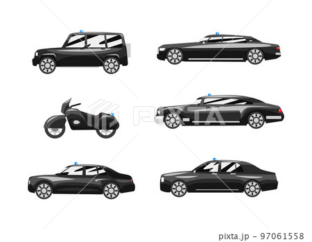 Government Vehicles with Black Presidential Auto with Siren Side View Vector Set Government Vehicles with Black Presidential Auto with Siren Side View Vector Set 97061558