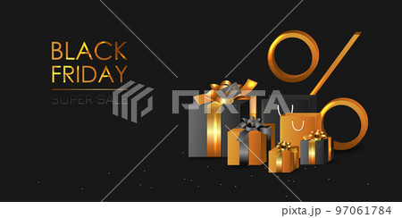 Black Friday Sale. Realistic 3d design stage podium, round studio, gold neon lights. Black Friday Super Sale. Realistic black gifts boxes. 97061784