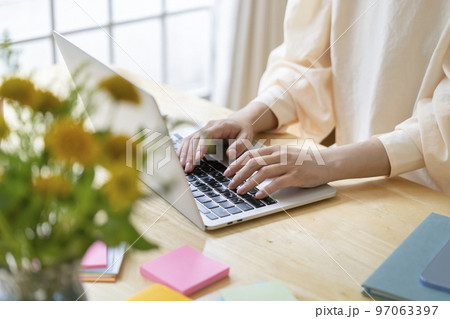 ノートパソコンで作業をする若い女性の手元 97063397