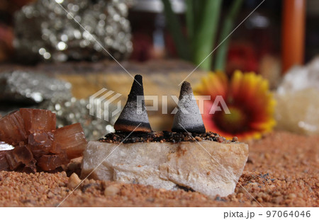 Aragonite Crystal With Incense Cones on Australian Red Sand 97064046