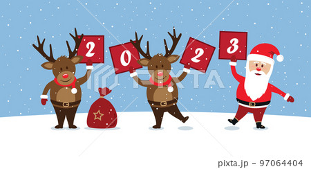 new year 2023 greeting card with cute christmas deer and santa new year 2023 greeting card with cute christmas deer and santa 97064404