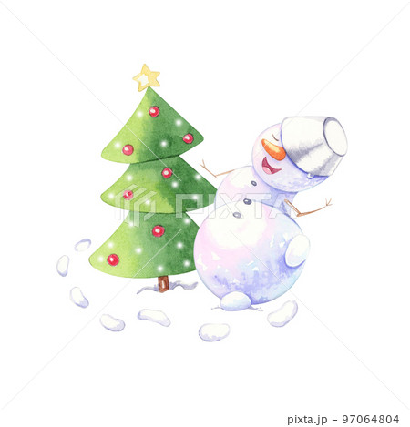 Postcard with a dancing snowman and a Christmas tree. Watercolor illustration. Postcard with a dancing snowman and a Christmas tree. Watercolor illustration. 97064804