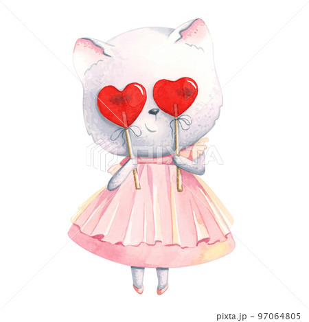 A cute, watercolor cat looks through the lollipops in the form of hearts. 97064805