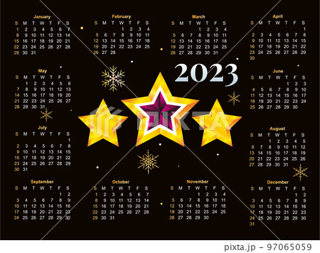 2023 Calendar year vector illustration. The week starts on Sunday. Christmas snowflakes calendar 2023 template. Calendar design Sunday in red colors. Vector 97065059