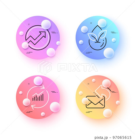 Audit, Update data and Share mail minimal line icons. 3d spheres or balls buttons. Organic product icons. For web, application, printing. Arrow graph, Sales statistics, New e-mail. Leaf. Vector 97065615
