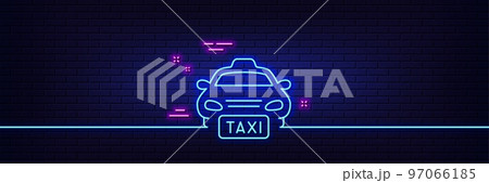 Neon light glow effect. Taxi line icon. Cab public transport sign. Transfer vehicle symbol. 3d line neon glow icon. Brick wall banner. Taxi outline. Vector 97066185