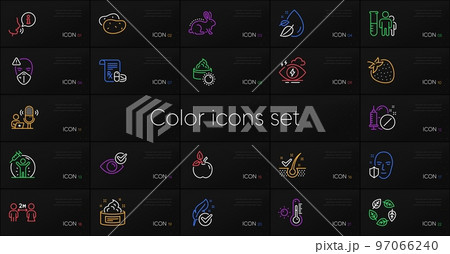 Set of Social distancing, Anti-dandruff flakes and Face protection line icons. Include Water drop, Strawberry, Potato icons. Sun cream, Vaccine protection, Weather thermometer web elements. Vector 97066240