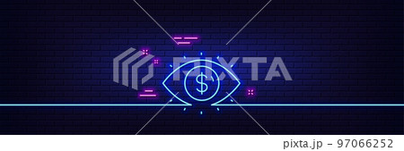 Neon light glow effect. Business vision accounting line icon. Financial eye sign. Money investment symbol. 3d line neon glow icon. Brick wall banner. Business vision outline. Vector 97066252