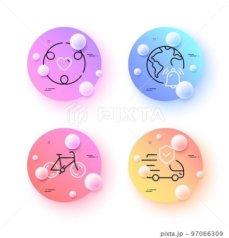 Inclusion, Transport insurance and Internet notification minimal line icons. 3d spheres or balls buttons. Bicycle icons. For web, application, printing. Vector 97066309