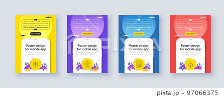 Simple set of Snowflake, Coffee maker and Gingerbread man line icons. Poster offer design with phone interface mockup. Include Gift icons. For web, application. Vector 97066375