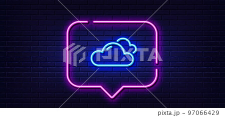 Neon light speech bubble. Cloudy weather line icon. Clouds sign. Sky symbol. Neon light background. Cloudy weather glow line. Brick wall banner. Vector 97066429